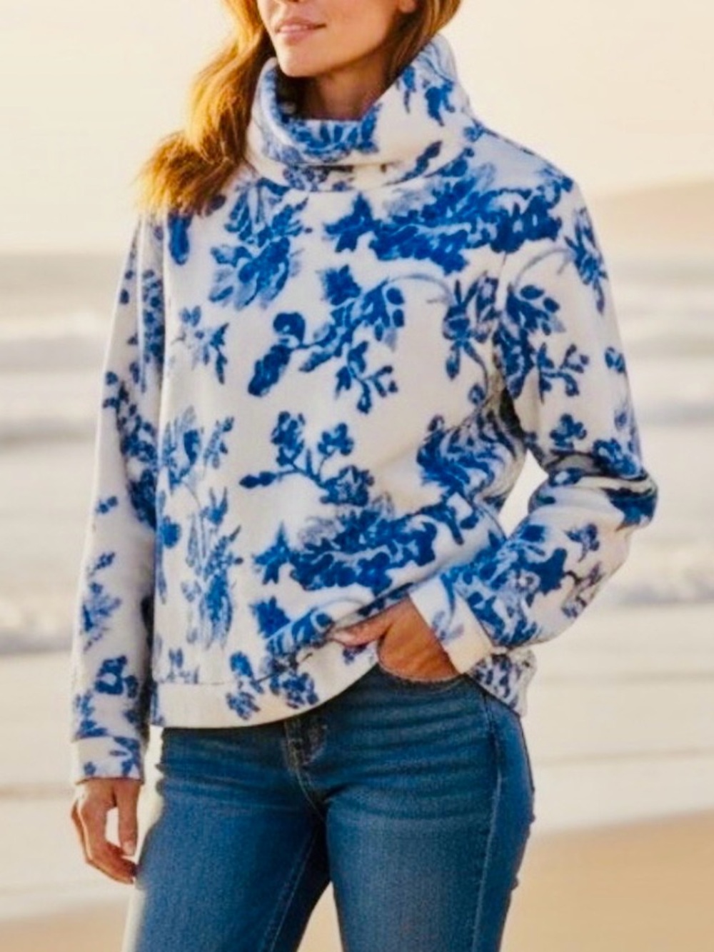 Dudley Stephens Juliet White Fleece Top with Blue Chinoiserie Print